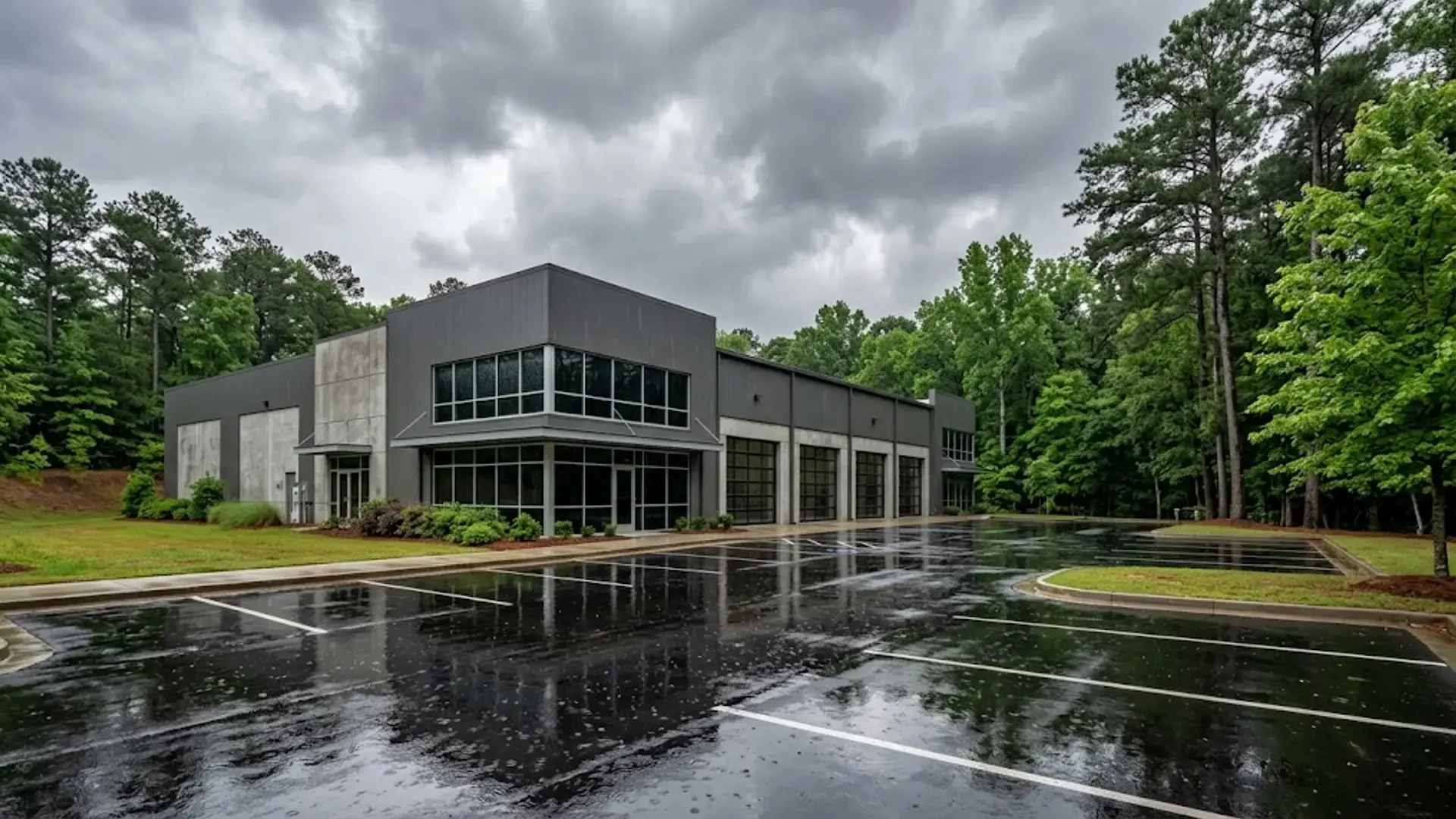 Commercial building and wet parking lot after rainfall