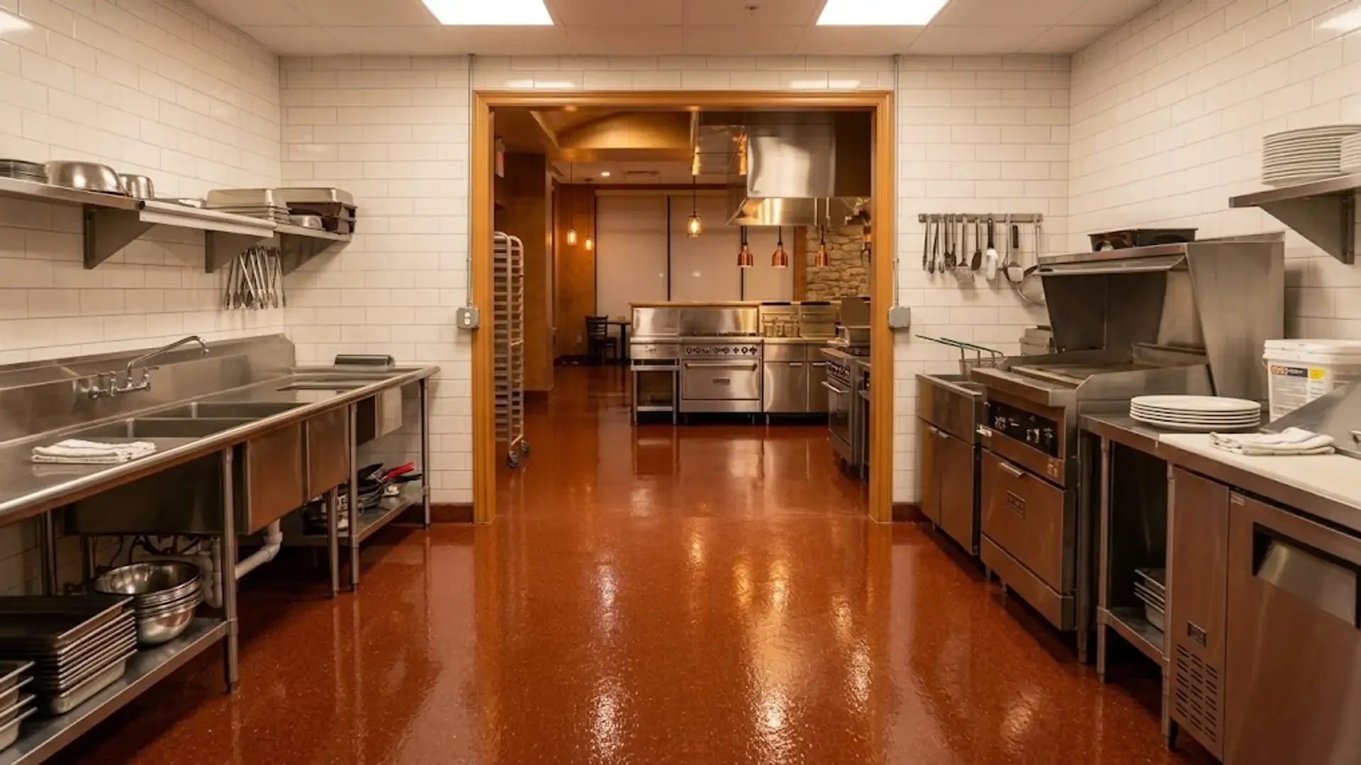Finished commercial kitchen with a continuous floor surface