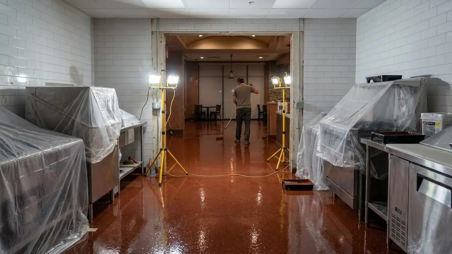 Floor installation in a commercial kitchen with protected equipment