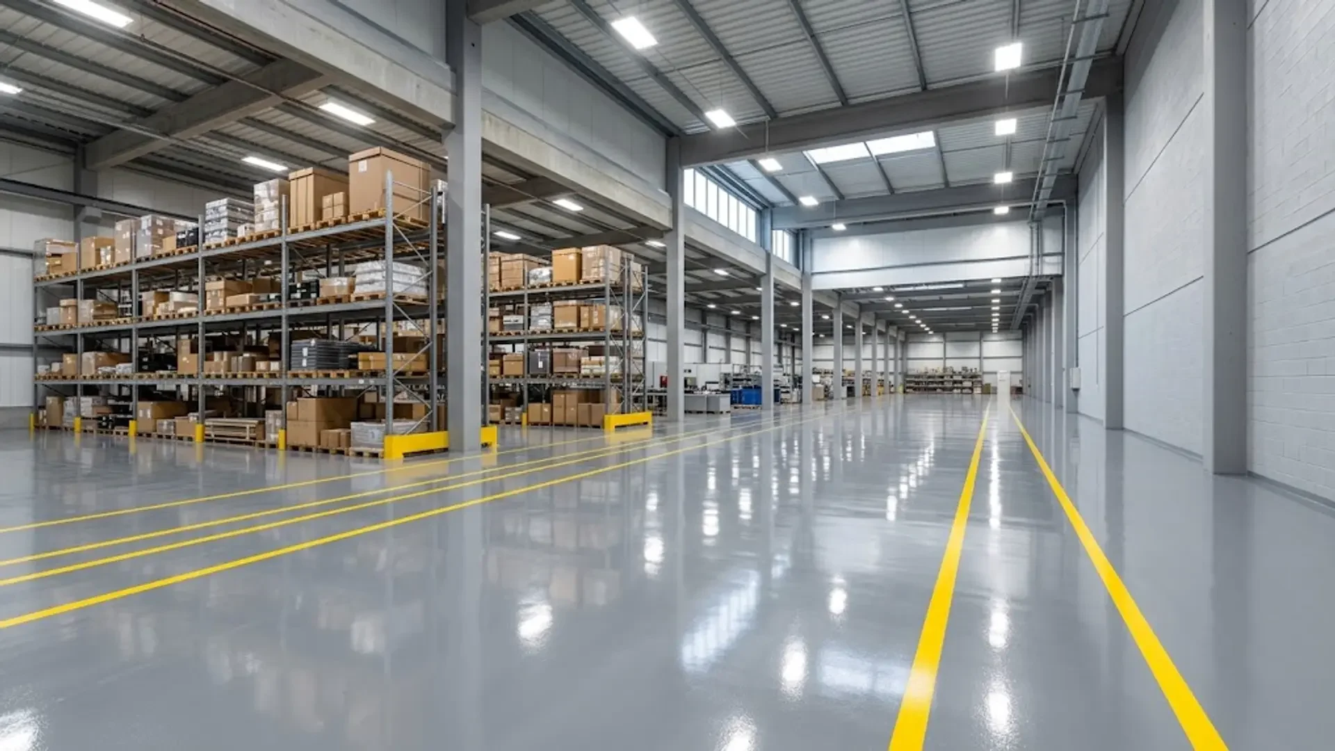 Finished concrete warehouse floor with yellow aisle markings