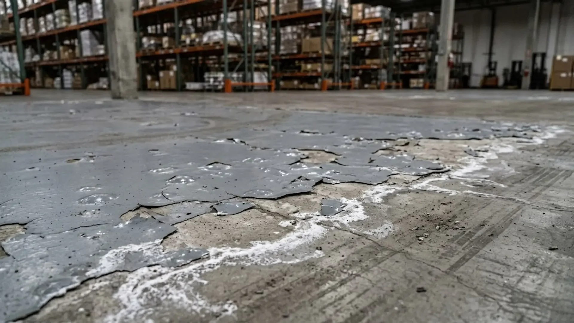 Peeling floor coating and white deposits on a warehouse concrete slab