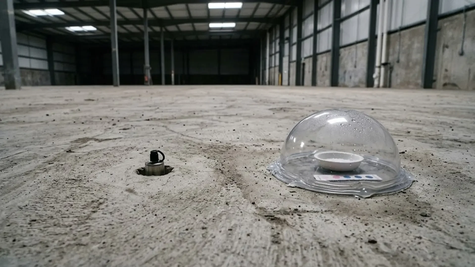 Moisture testing equipment on a concrete slab in a warehouse