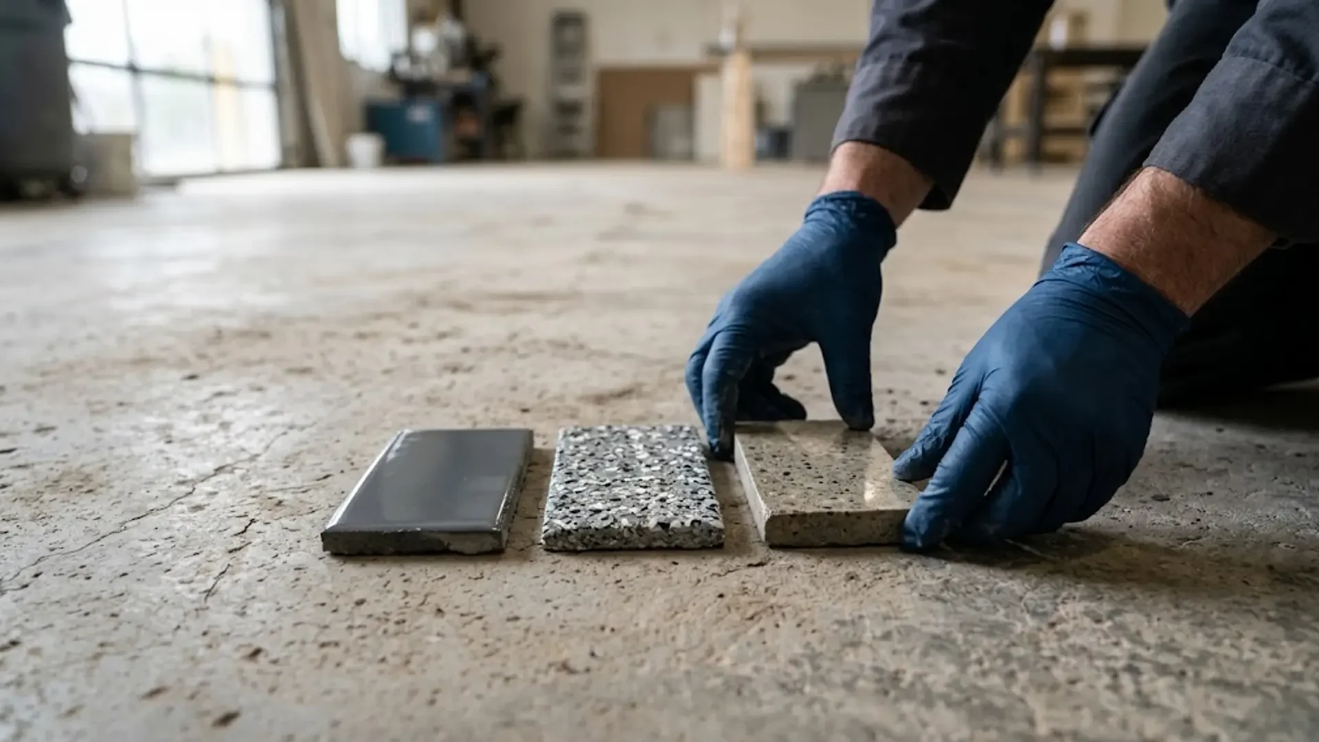 Gloved hands comparing three concrete flooring finish samples