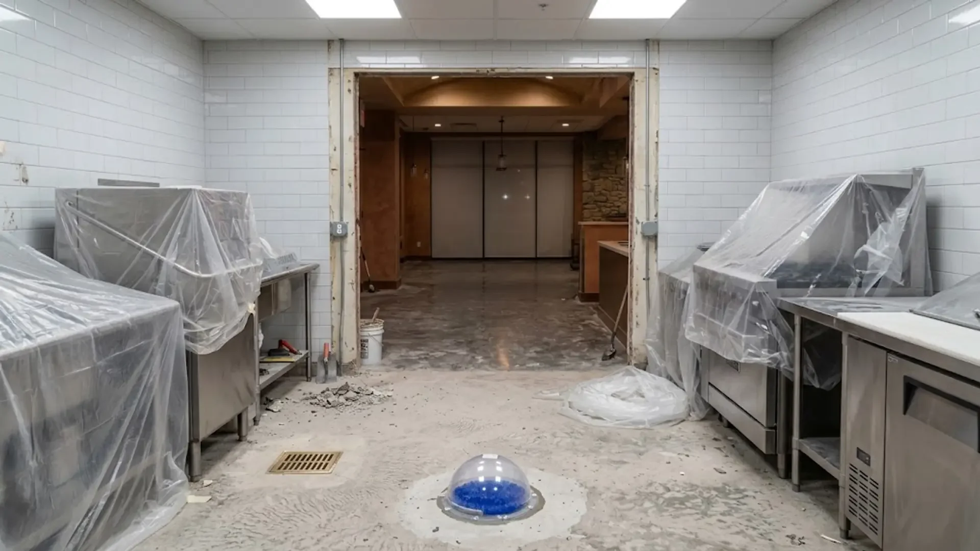 Prepared concrete slab with a moisture testing dome and protected kitchen equipment
