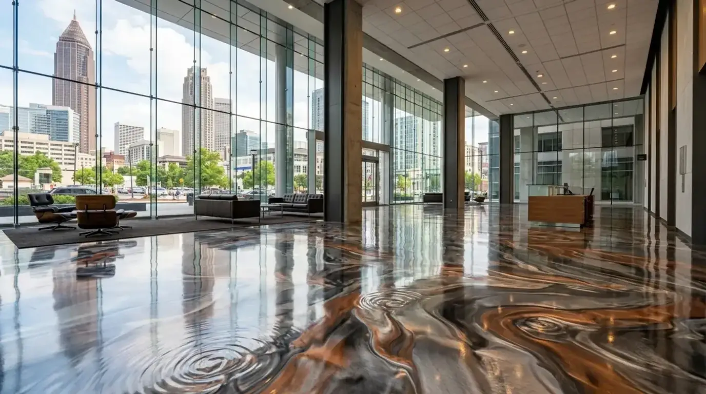 Stunning metallic epoxy floor with swirling 3D color effects in an Atlanta showroom