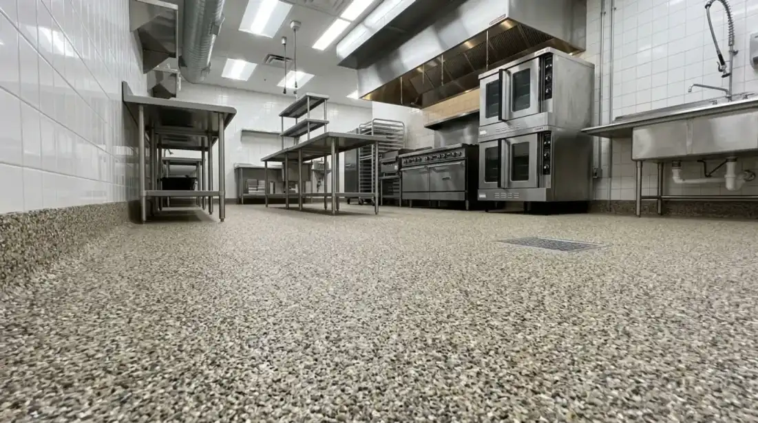 Concrete Masters v2 Quartz epoxy flooring system installed in an Atlanta commercial kitchen