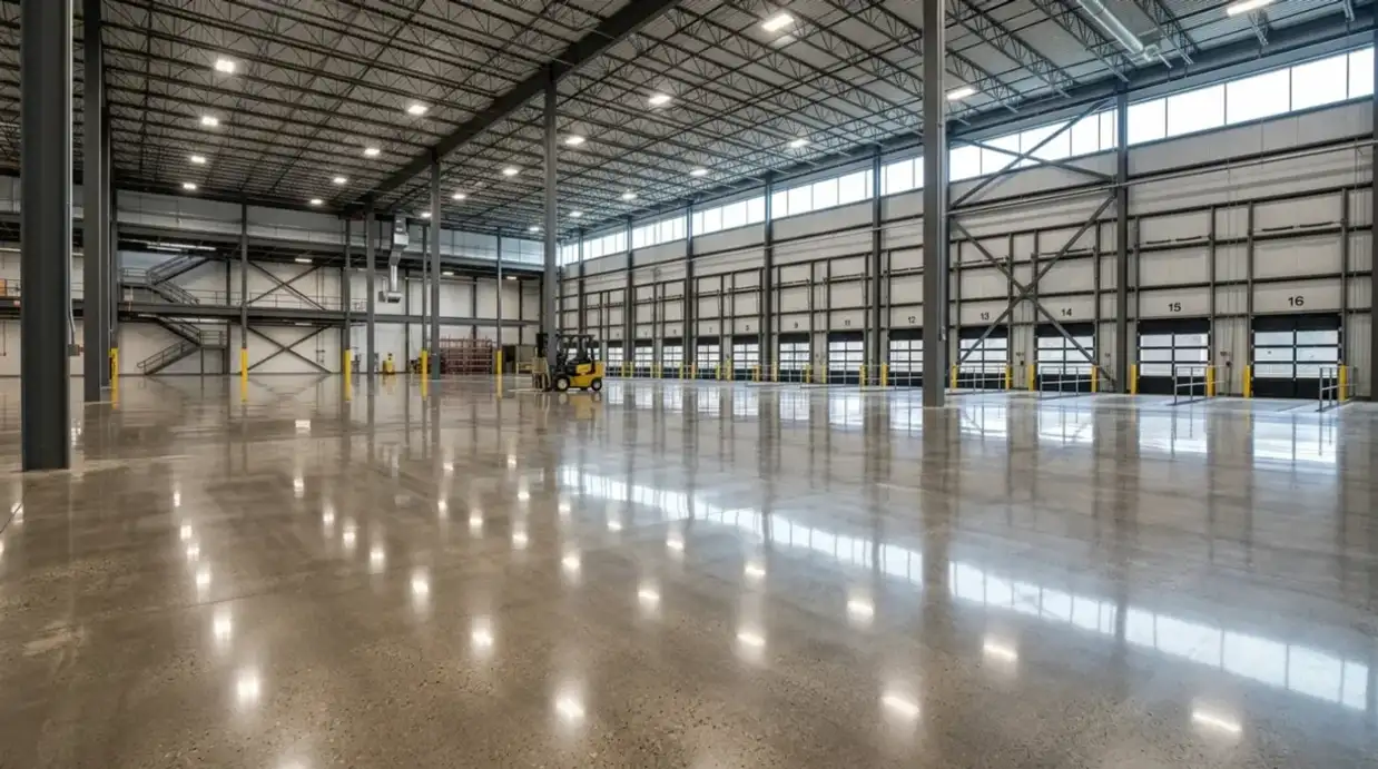 Polished concrete floor in a large commercial warehouse facility in Atlanta