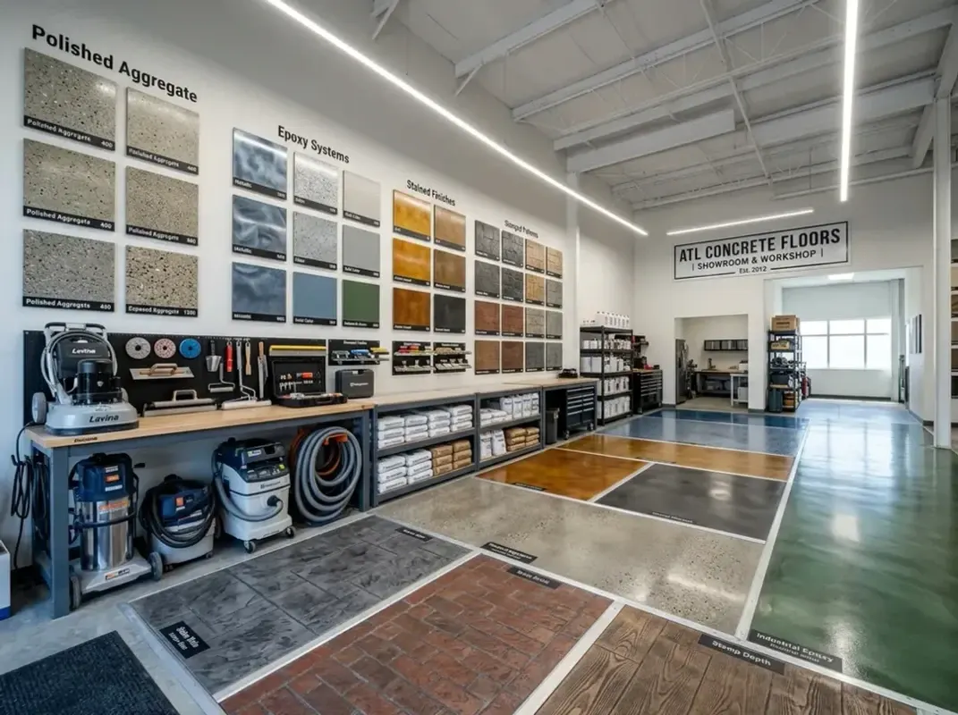 Professional concrete flooring workspace with finish samples