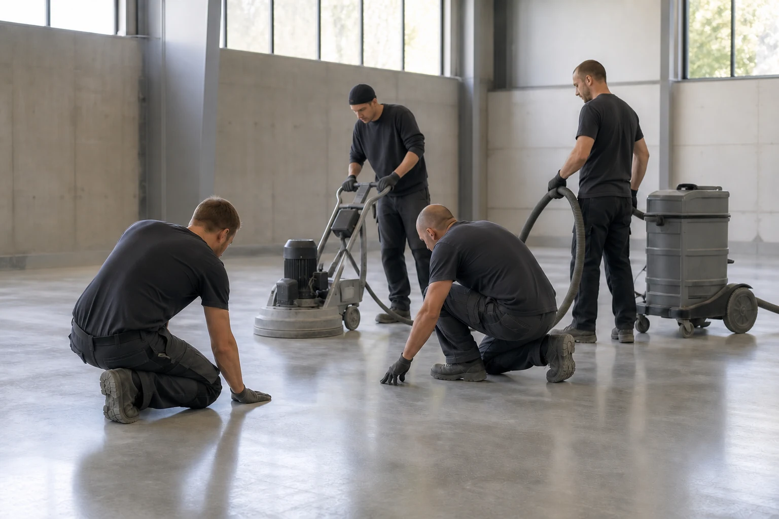 Concrete flooring crew polishing and inspecting a commercial floor