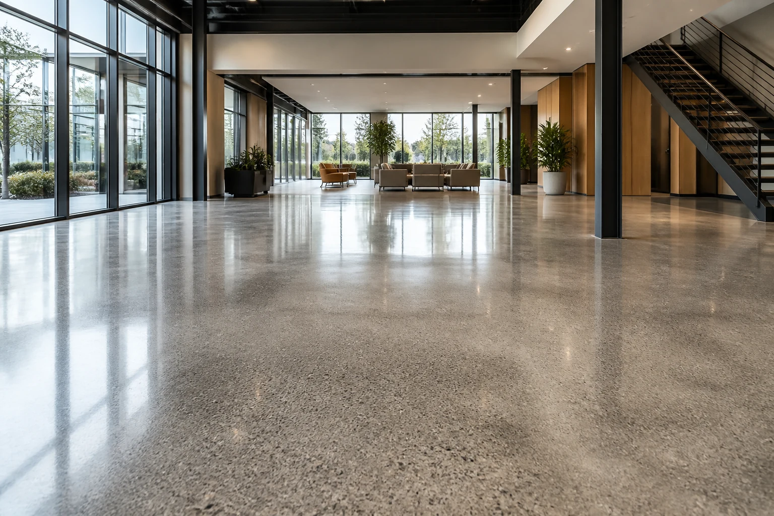 Concrete Masters v2 High-gloss polished concrete floor in a large Atlanta commercial retail space