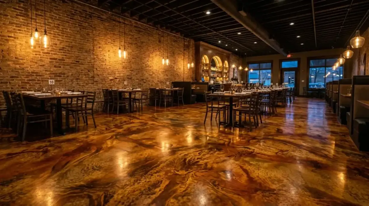 Concrete Masters v2 Acid-stained concrete floor with rich earth tones in an Atlanta restaurant