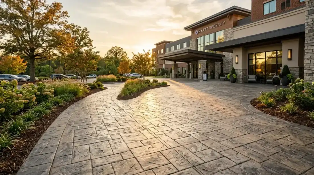 Concrete Masters v2 Commercial stamped concrete patio with ashlar slate pattern in Atlanta