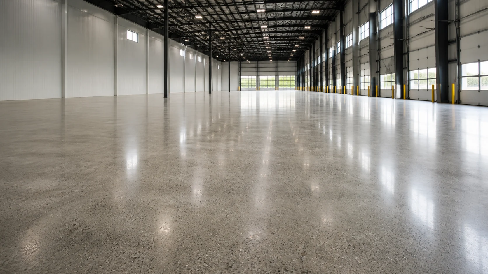 Expansive polished concrete floor inside a large modern industrial warehouse