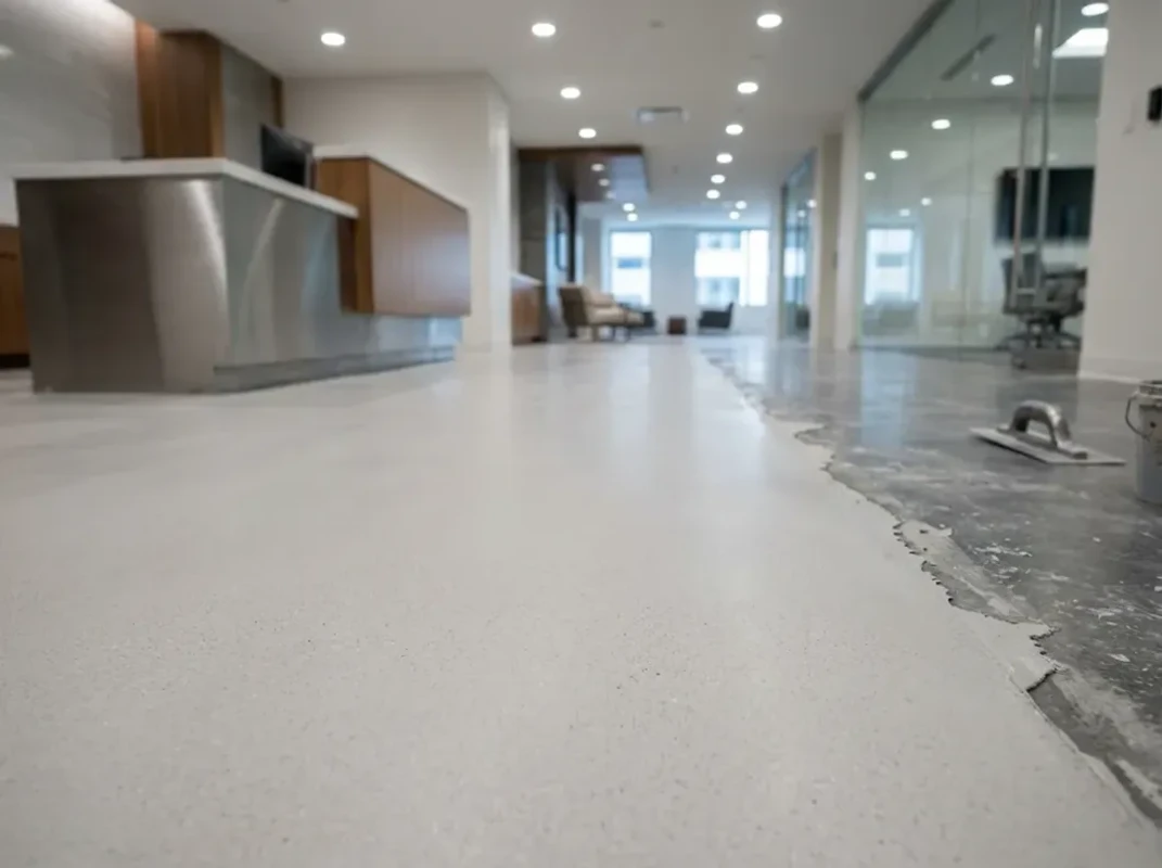 Decorative concrete overlay refreshing an existing slab