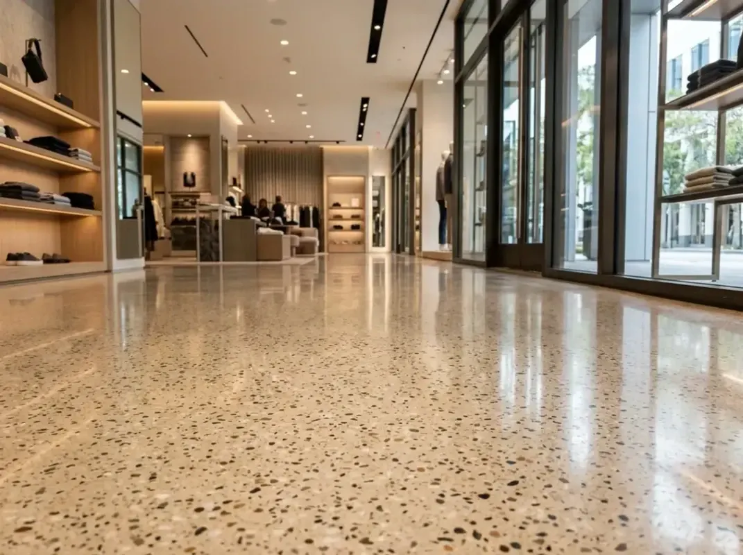 Polished concrete floor with mirror-like reflective finish