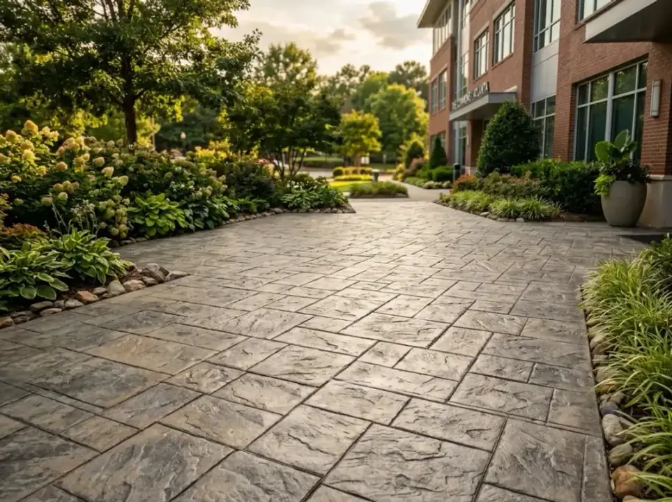 Stamped concrete patio with custom stone pattern