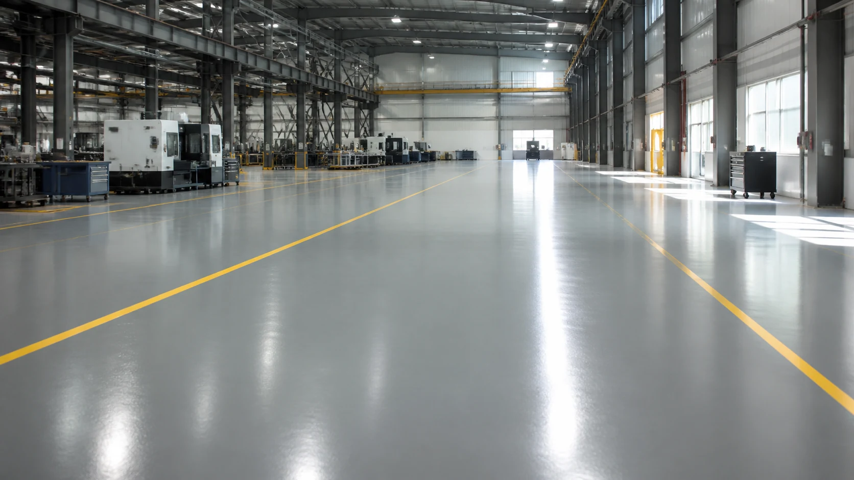 Seamless industrial concrete floor in a manufacturing facility