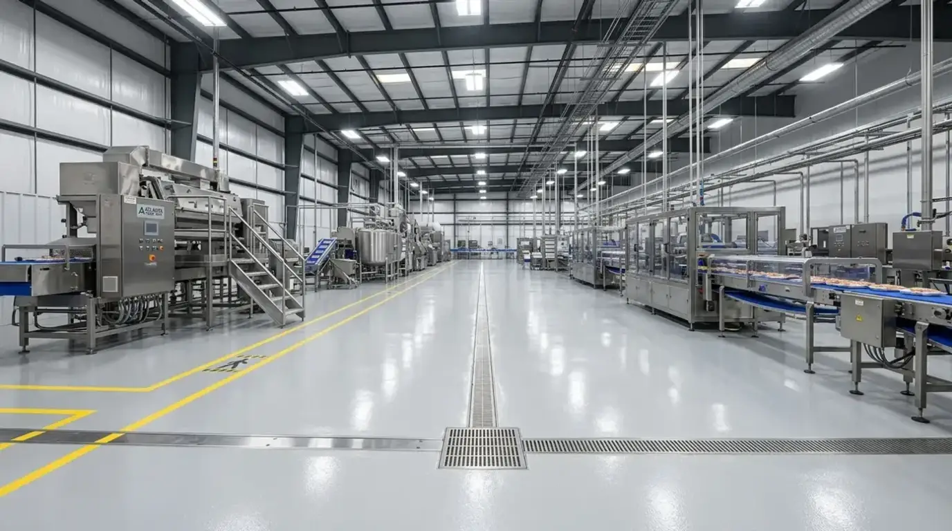 Concrete Masters v2 Seamless epoxy flooring in an Atlanta food processing facility with stainless steel equipment and drainage channels