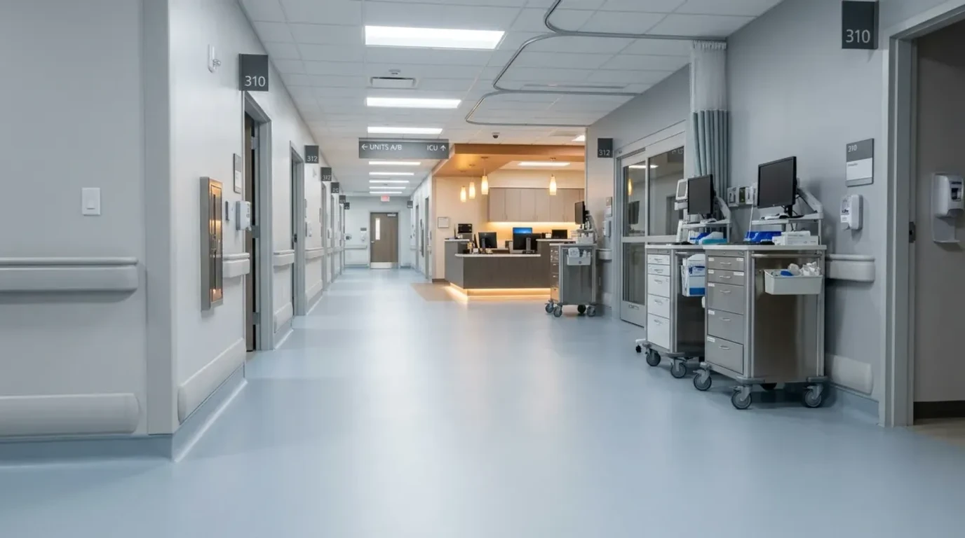 Seamless antimicrobial flooring in an Atlanta healthcare facility corridor