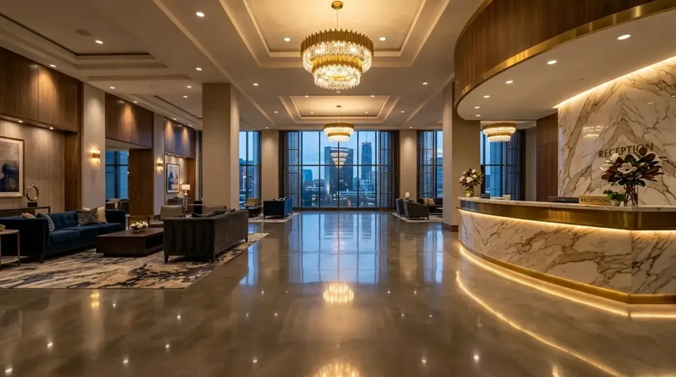 Polished concrete floor in a luxury Atlanta hotel lobby with warm lighting reflections