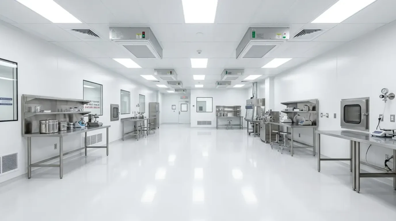 Concrete Masters v2 Seamless white epoxy clean room floor with integrated cove base in an Atlanta pharmaceutical facility