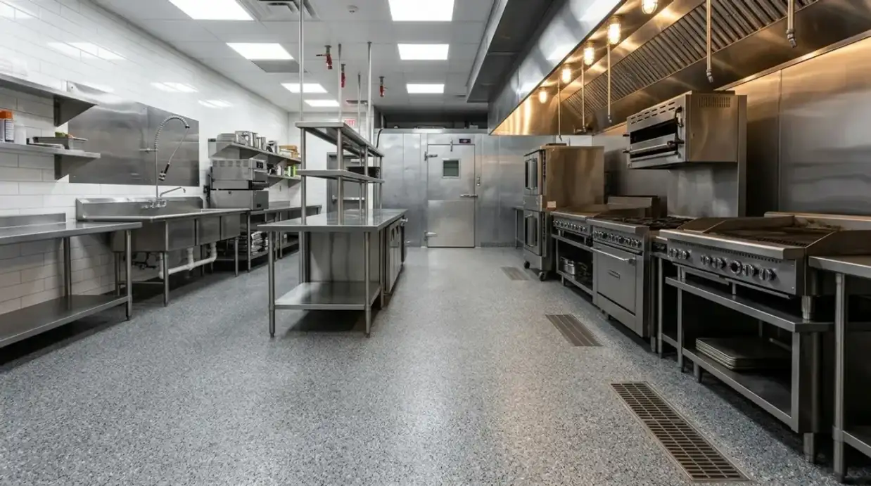 Slip-resistant quartz epoxy flooring in an Atlanta commercial kitchen