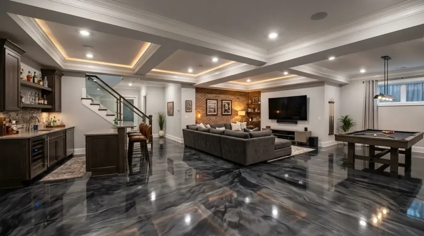 Epoxy floor coating with metallic finish in a finished Atlanta residential basement