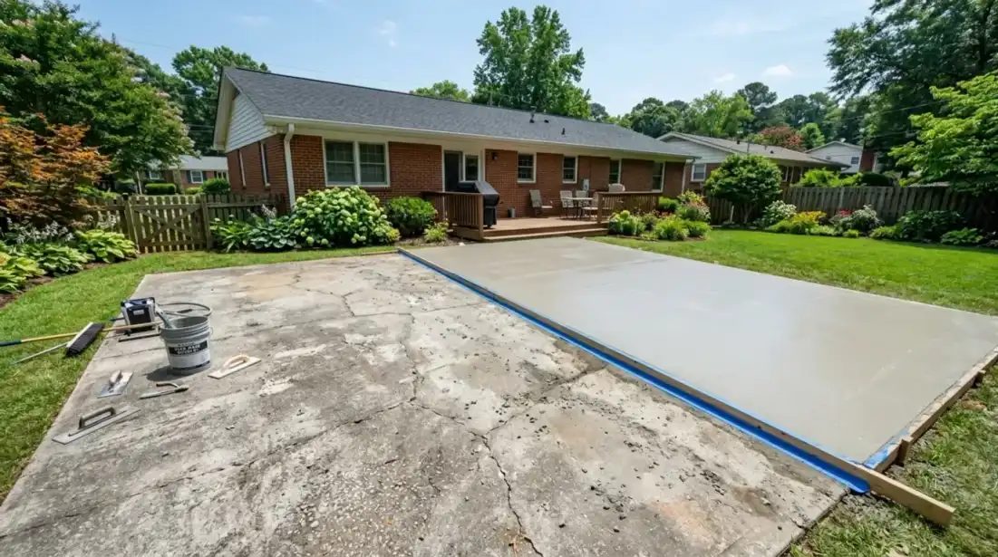 Concrete overlay being applied to a residential patio in Atlanta, restoring a worn surface with a fresh decorative finish