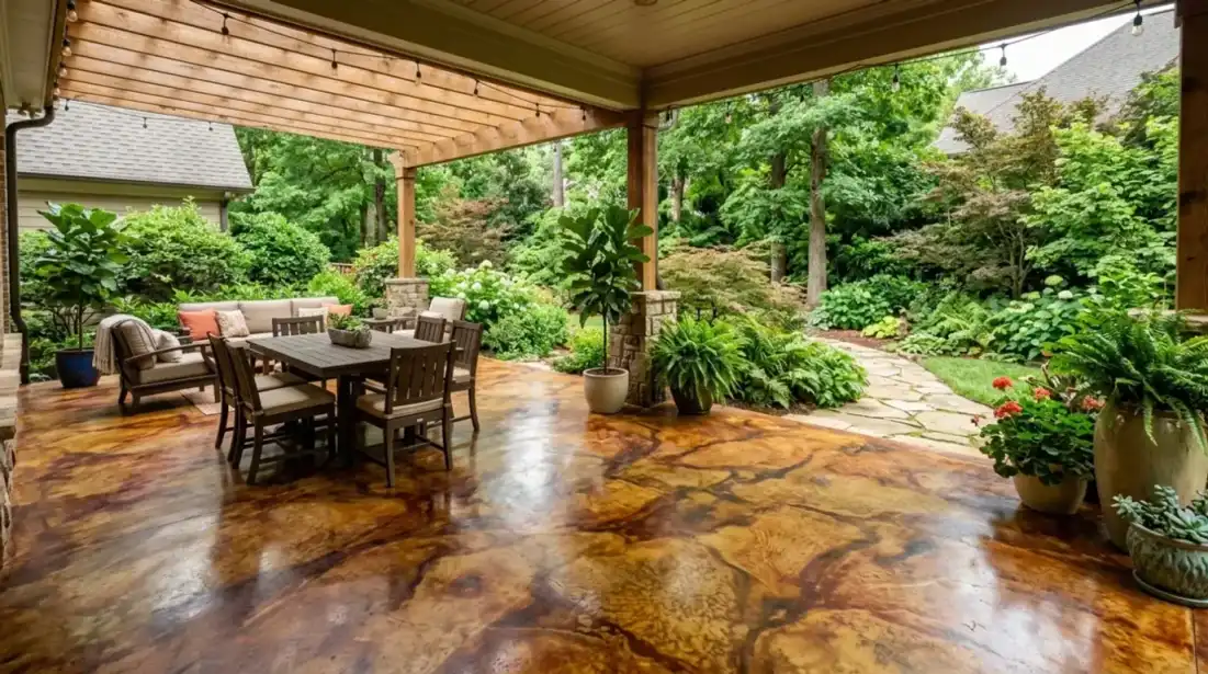 Concrete Masters v2 Acid-stained concrete patio floor in an Atlanta home with warm amber and walnut color tones