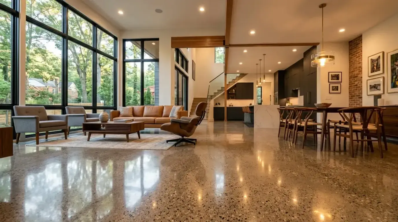 Concrete Masters v2 Polished concrete floor in an Atlanta residential living room with high-gloss finish and natural aggregate exposure
