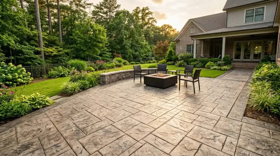 Stamped concrete patio with ashlar slate pattern in a Sandy Springs residential backyard